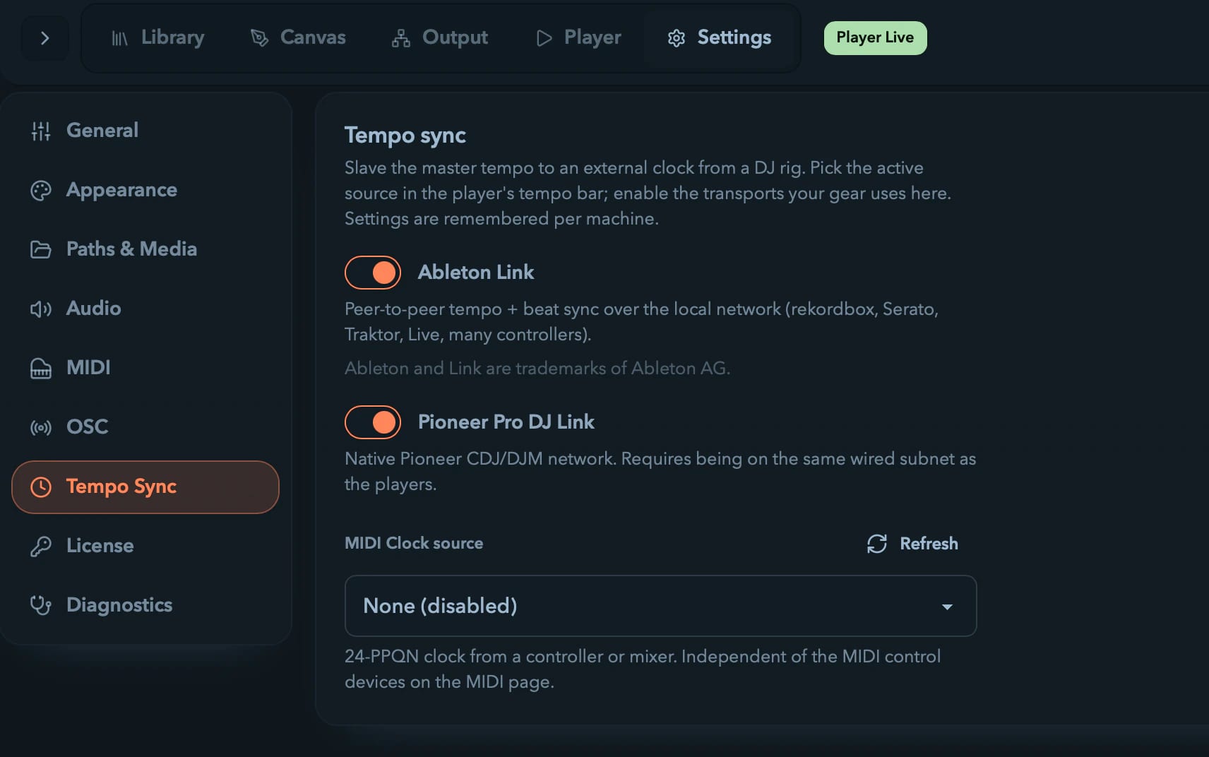 The Tempo Sync settings page with its three external clock sources.