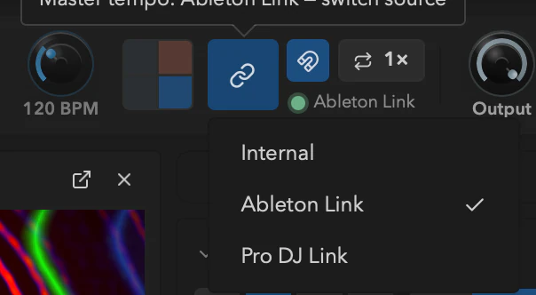 The tempo source selector open, one source greyed out and marked off.
