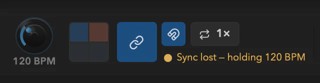 The tempo status pill reporting sync lost and holding the last BPM.
