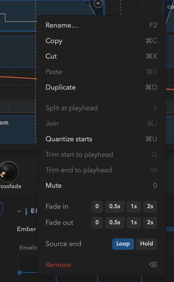 The timeline clip context menu with key hints beside each item.