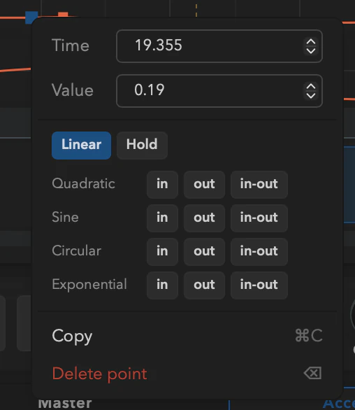 An automation segment selected with the easing toolbar open.