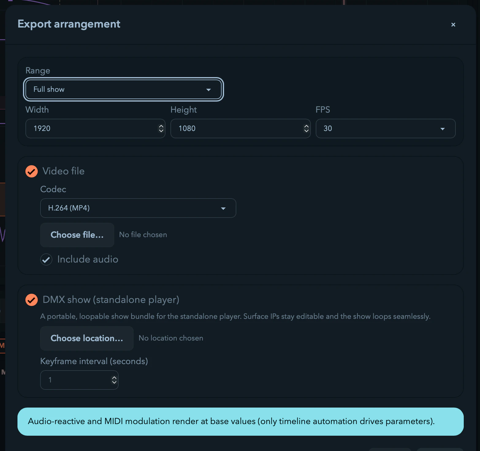 The Timeline export dialog with its range, format, and output options.