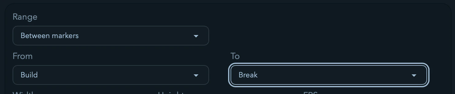The export range set between two named cue markers.