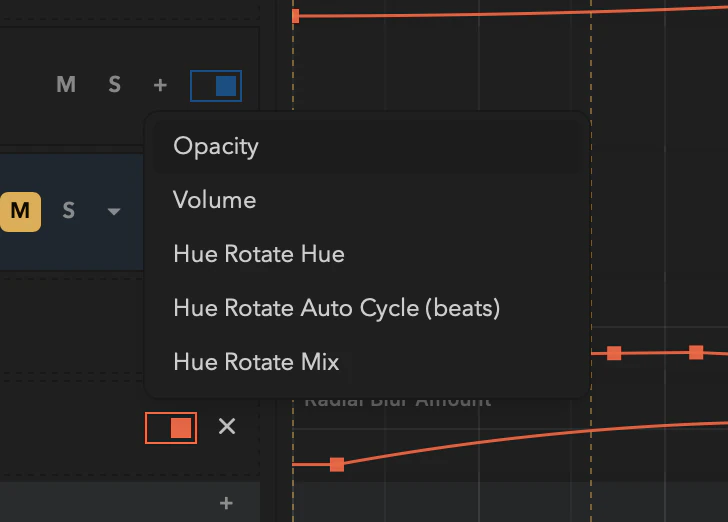 The add-automation-lane target list open on a track header.