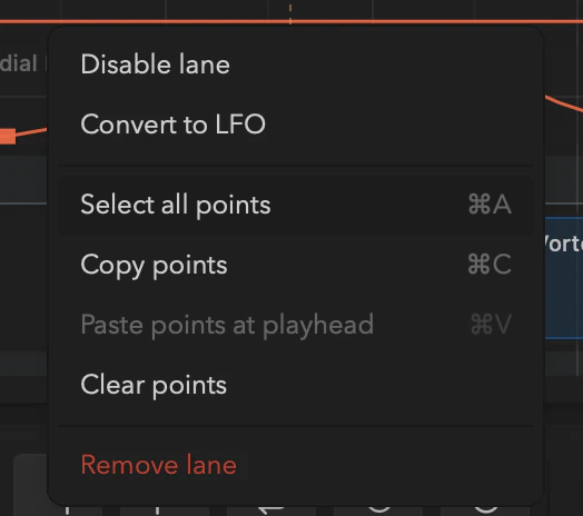 An automation lane header with its enable, delete, and LFO controls.