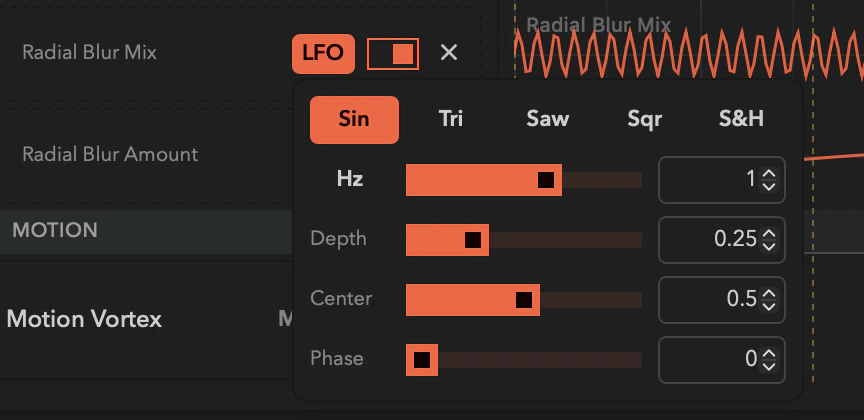 An automation lane's LFO panel with its wave, rate, and shape controls.