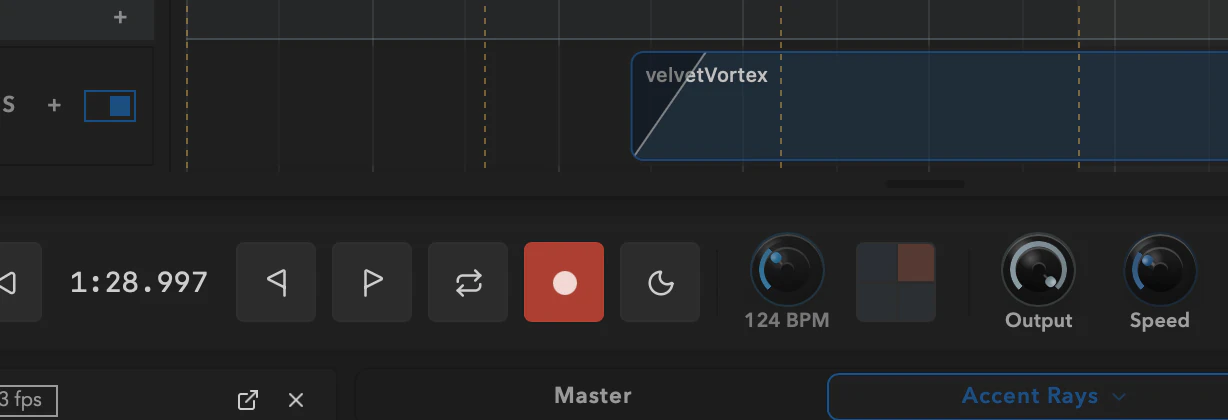 The Timeline transport with automation recording armed.
