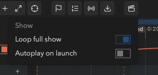 The Show dropdown with its loop and autoplay switches.