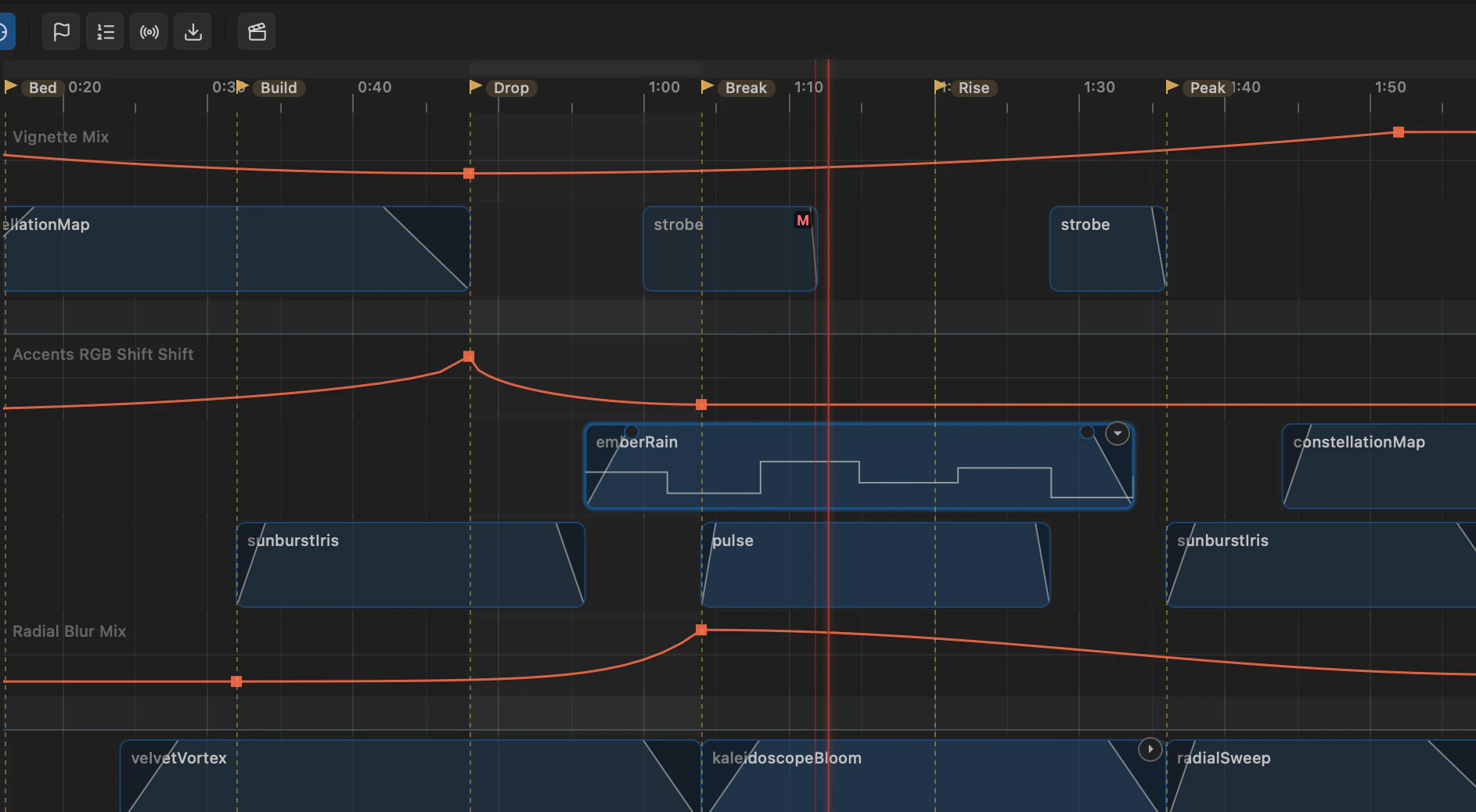 A timeline track with several clips of different kinds.