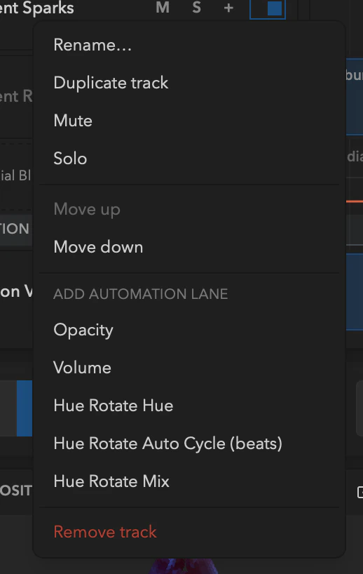 A track header context menu with its automation-lane target list.