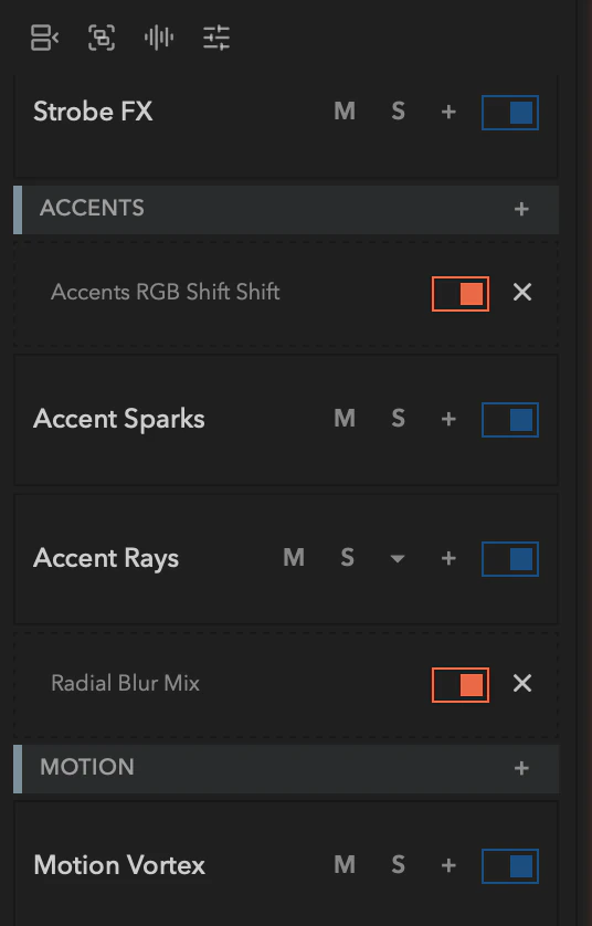The Timeline track header column with master, visual, and audio tracks.