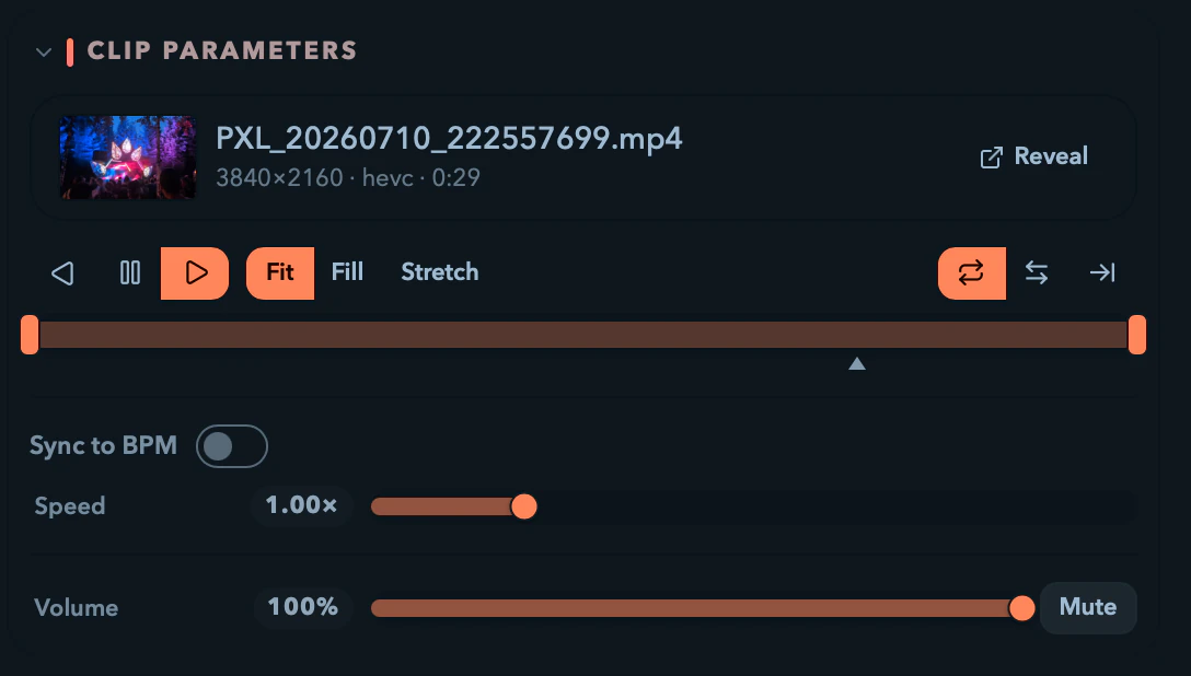 The Clip parameters panel for a video cell.