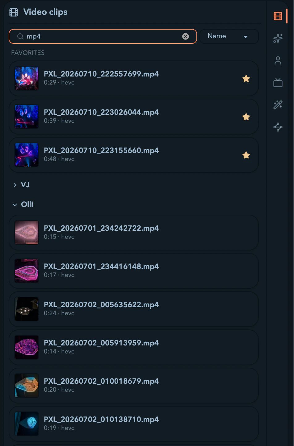 The video Files tab with watched folders and clip thumbnails.