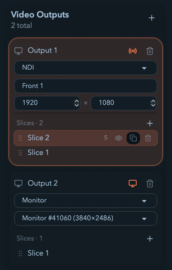 The Video Outputs sidebar section with two output cards above the Surfaces list.