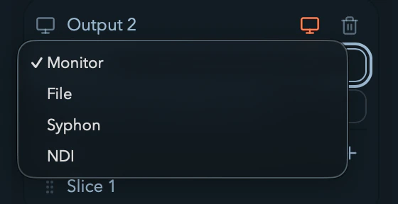 An output card's transport dropdown listing the available destinations.