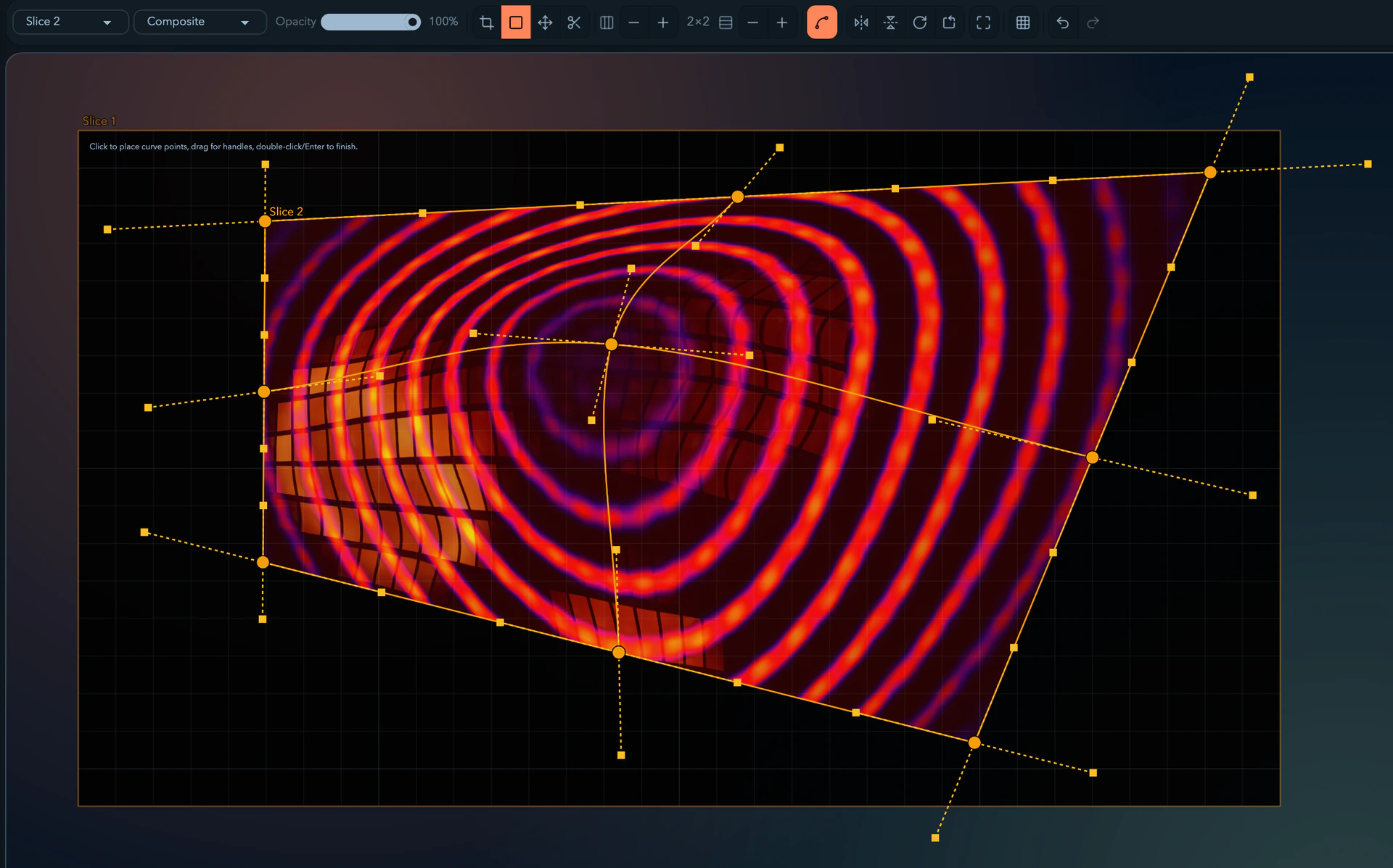 The canvas warp editor with an amber bezier cage, control points, and tangent handles.
