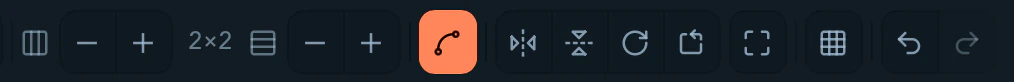 The warp cage toolbar with subdivision, bezier, flip, and rotate controls.